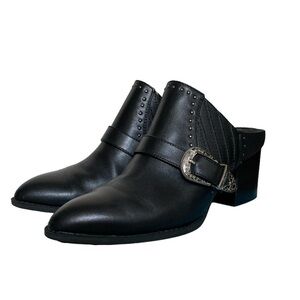 Seychelles Enthusiasm Black Leather Western Heeled Mules Silver Buckle Women 8.5